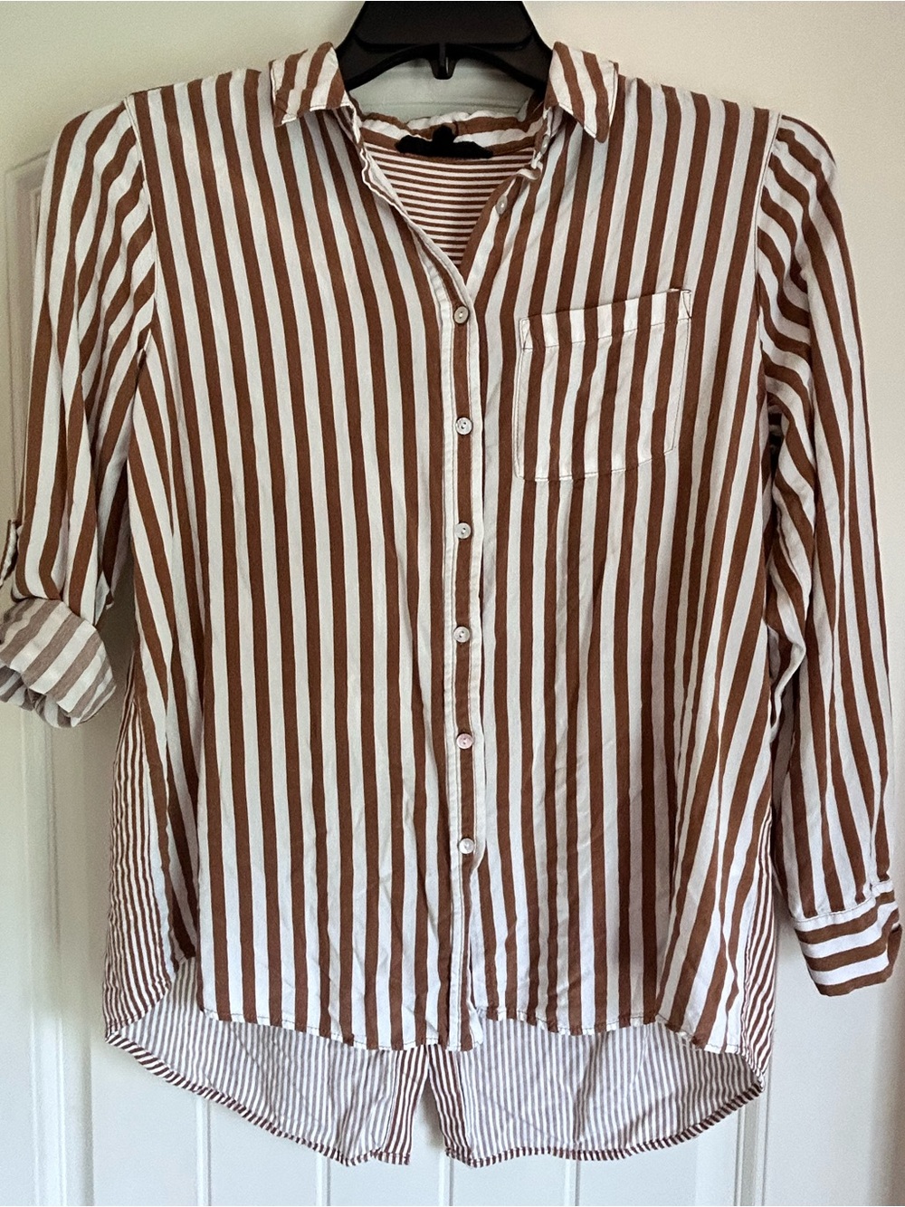Jane and Delancey Brown and White Striped Button-Down Shirt
